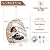 RADIATA Foldable Hanging Egg Chair Without Stand, Rattan Swing Chair with Cushion and Pillow, Wicker Hammock Chair for Indoor Outdoor Bedroom Patio Garden (Beige) RADIATA