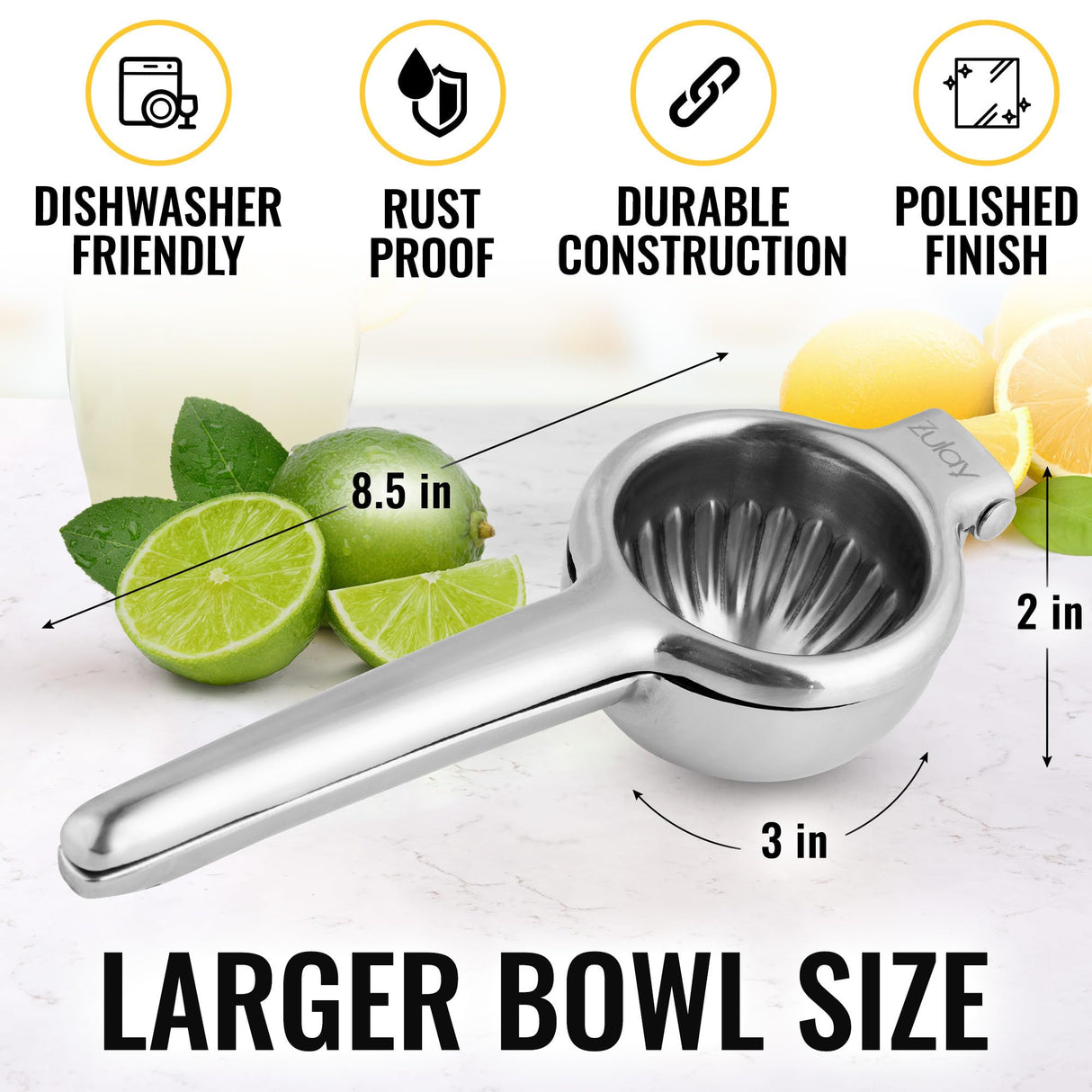 Zulay Kitchen Lemon Squeezer Stainless Steel - Premium Quality, Heavy Duty Solid Metal Squeezer Bowl - Large Manual Citrus Press Juicer and Lime Squeezer Stainless Steel Zulay Kitchen