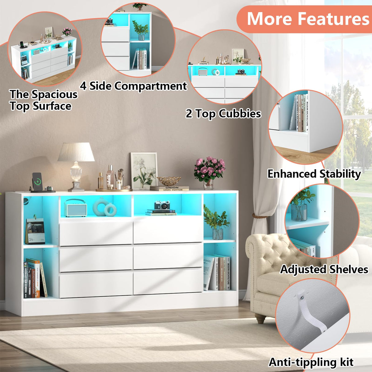 Loomie 6 Drawers Dresser with 6 Open Storage Cubbies, LED Dressers & Chests of Drawers with Power Outlet, 55" Wide Long Dresser for Bedroom, TV Stand with Open Shelf for Living Room (White) Loomie