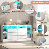 Loomie 6 Drawers Dresser with 6 Open Storage Cubbies, LED Dressers & Chests of Drawers with Power Outlet, 55" Wide Long Dresser for Bedroom, TV Stand with Open Shelf for Living Room (White) Loomie