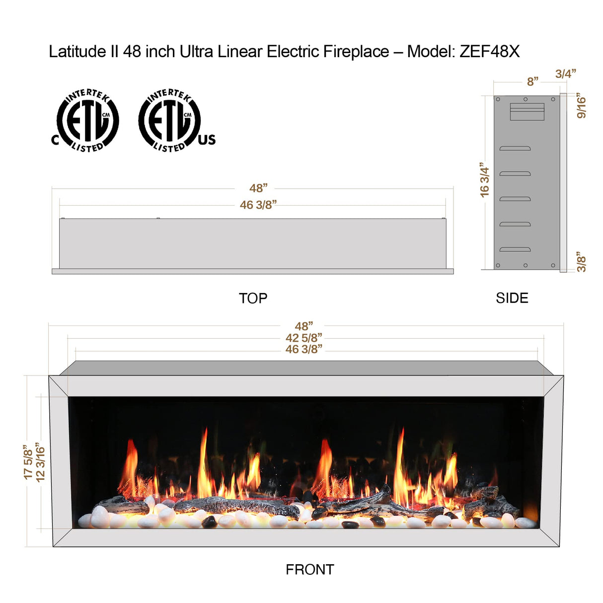 Litedeer Homes Latitude II 48" Smart HD LED Electric Fireplace with App, Adjustable Crackling Fire Sounds and Sparkles,5 Unique Realistic Flame, Black Fireplace (Model: ZEF48X) Litedeer Homes