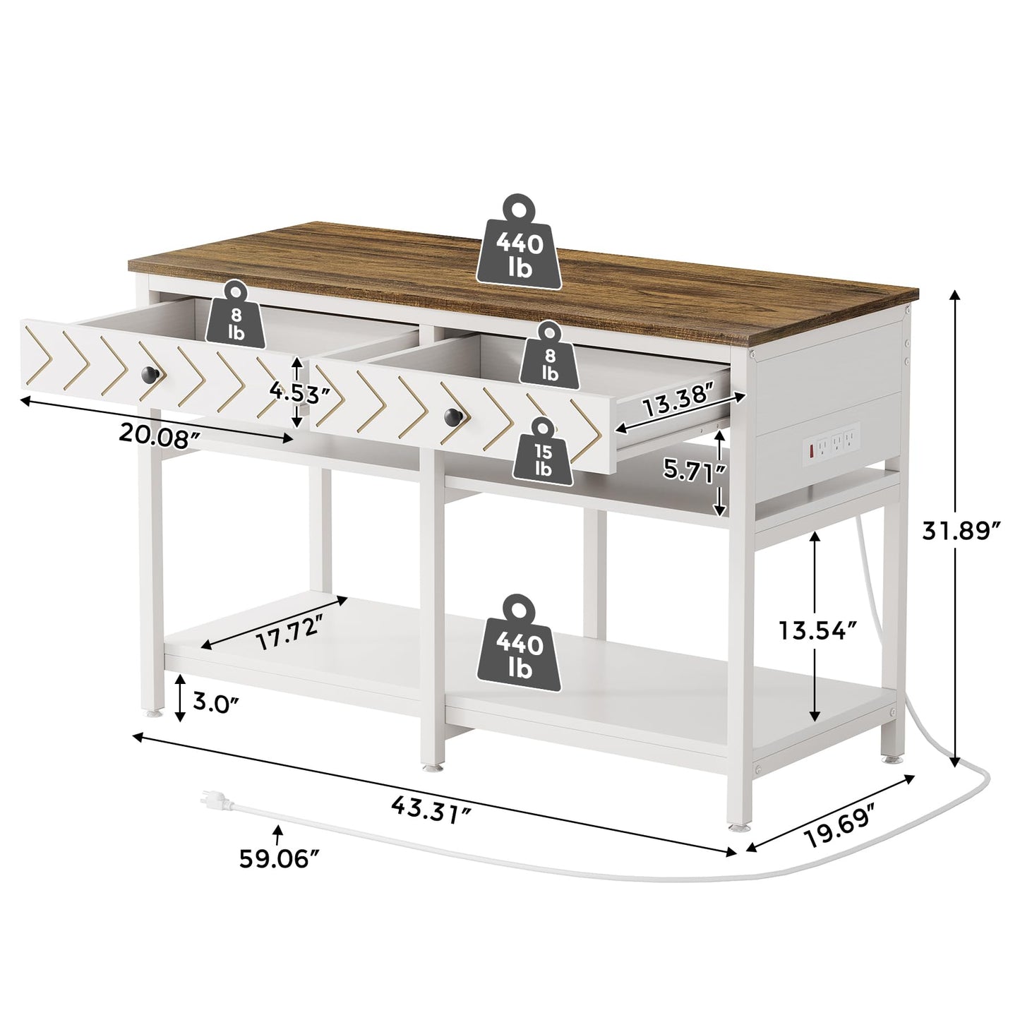 Condemo 40-50 Gallon Aquarium Stand, Fish Tank Stand with Power Outlets and Drawers, Heavy Duty Metal Reptile Tank Stand for Turtle, 911LBS Capacity, White and Brown