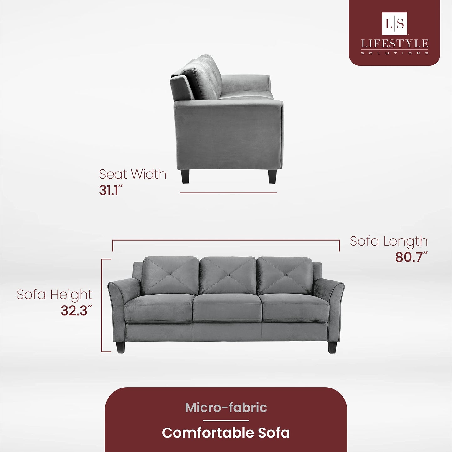 Lifestyle Solutions Collection Grayson Micro-Fabric Sofa, Dark Grey