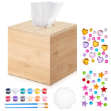 Weysat Unfinished Tissue Box Cover 5. 7 Inch Bamboo Wood Square Tissue Box Holder with Open Bottom with 2 Brushe 1 Paint Tray 12 Paint 2 Diamond Sticker for DIY Bathroom Bedroom Table Office Art Craft Weysat