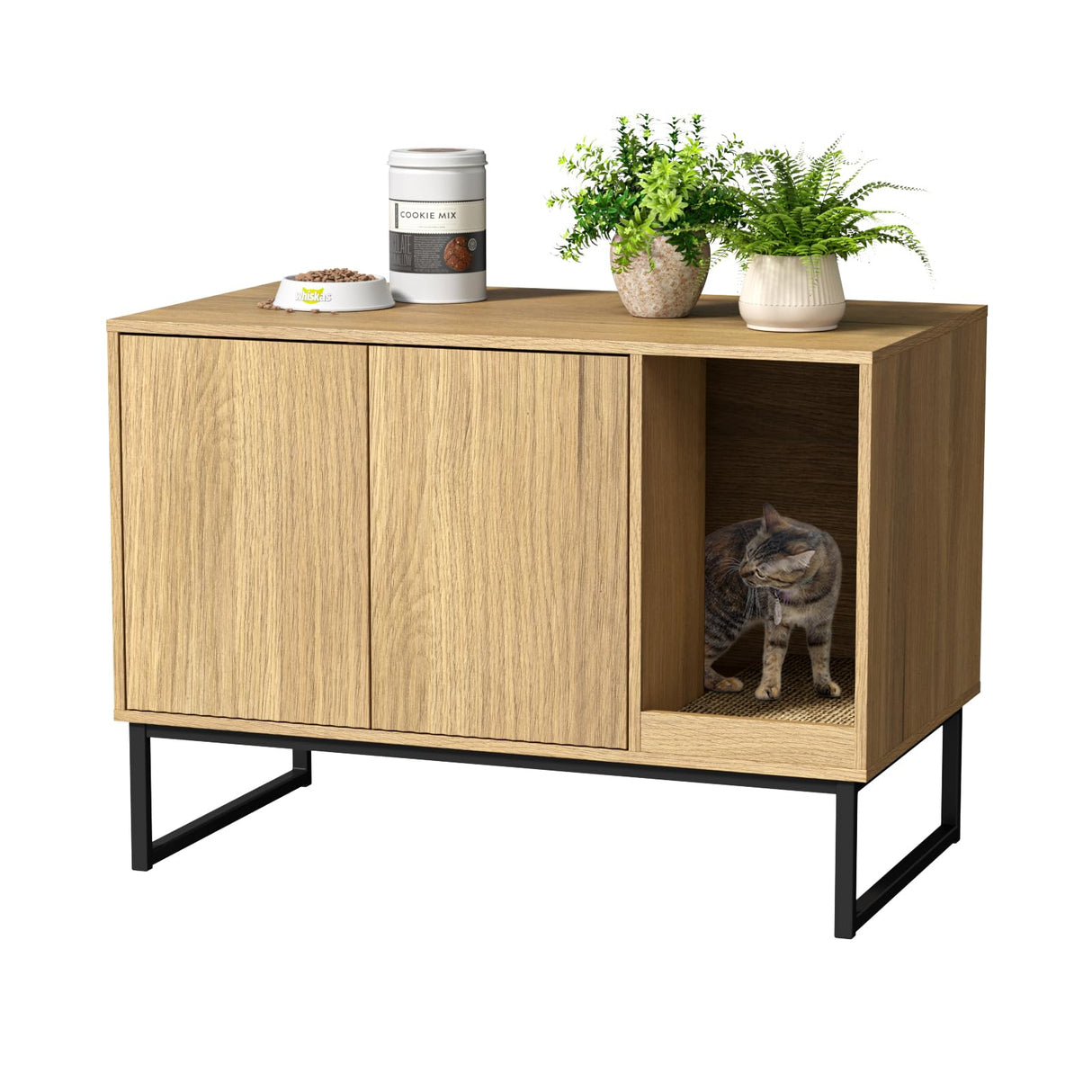 Cat Litter Box Enclosure, Fluted Hidden Litter Box Furniture with Scratch Pad and Metal Legs, Modern Enclosed Cat Cabinet, 31.5 x 17.7 x 21.7 Inches Indoor Pet House for Living Room, Washroom, Natural FiveWillowise