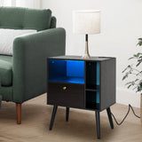 VIWODS Nightstand with Charging Station and LED Lights, Bedside Table with Solid Wood Legs for Bedroom, Black Oak and Blue VIWODS