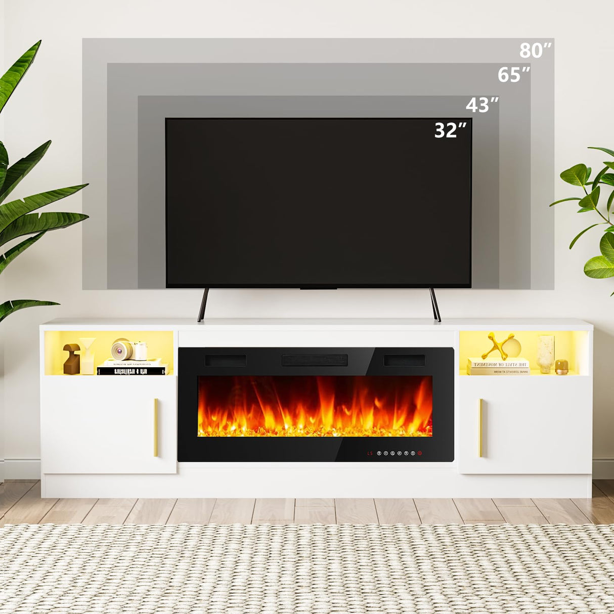 TAVATA Fireplace TV Stand Entertainment Center with 36" Fireplace, 70" Wooden TV Stand for TVs Up to 80",Media TV Console with High Gloss Storage Cabinet and 16 Colors LED Lights (White) TAVATA