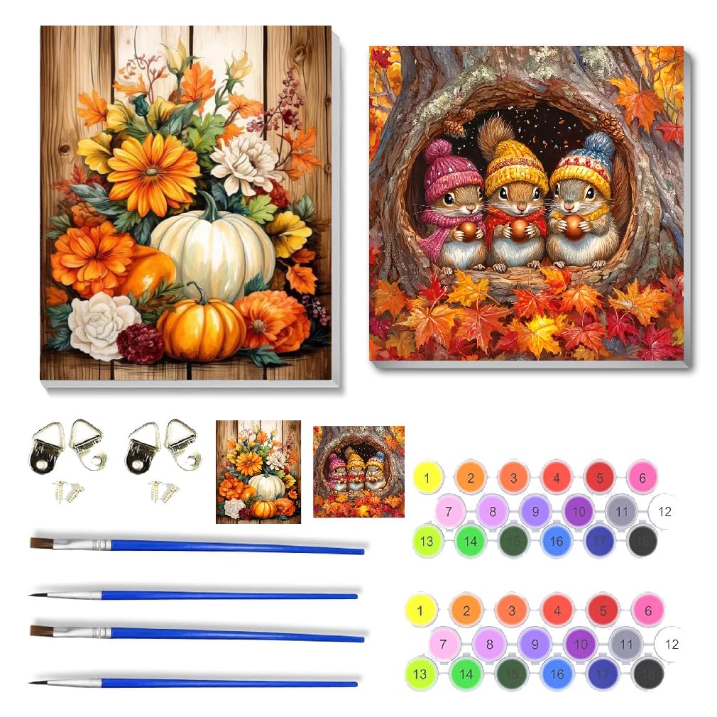 2 Pack Fall Paint by Numbers Kit for Adults Beginner with Framed,Pumpkin Easy Adult Paint by Number Kits on Canvas DIY Painting for Beginners Art by Numbers for Home Wall Decor 10x12 Inch NEGEKFKX