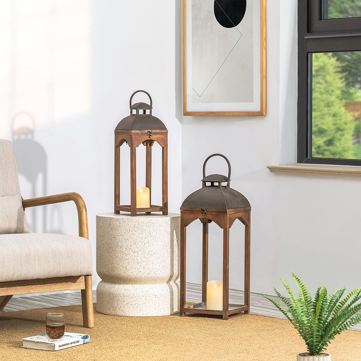 Glitzhome Set of 2 Mondern Farmhouse Wooden Lantern Hanging Decorative Candle Lanterns for Outdoor & Indoor Brown (No Glass) Glitzhome