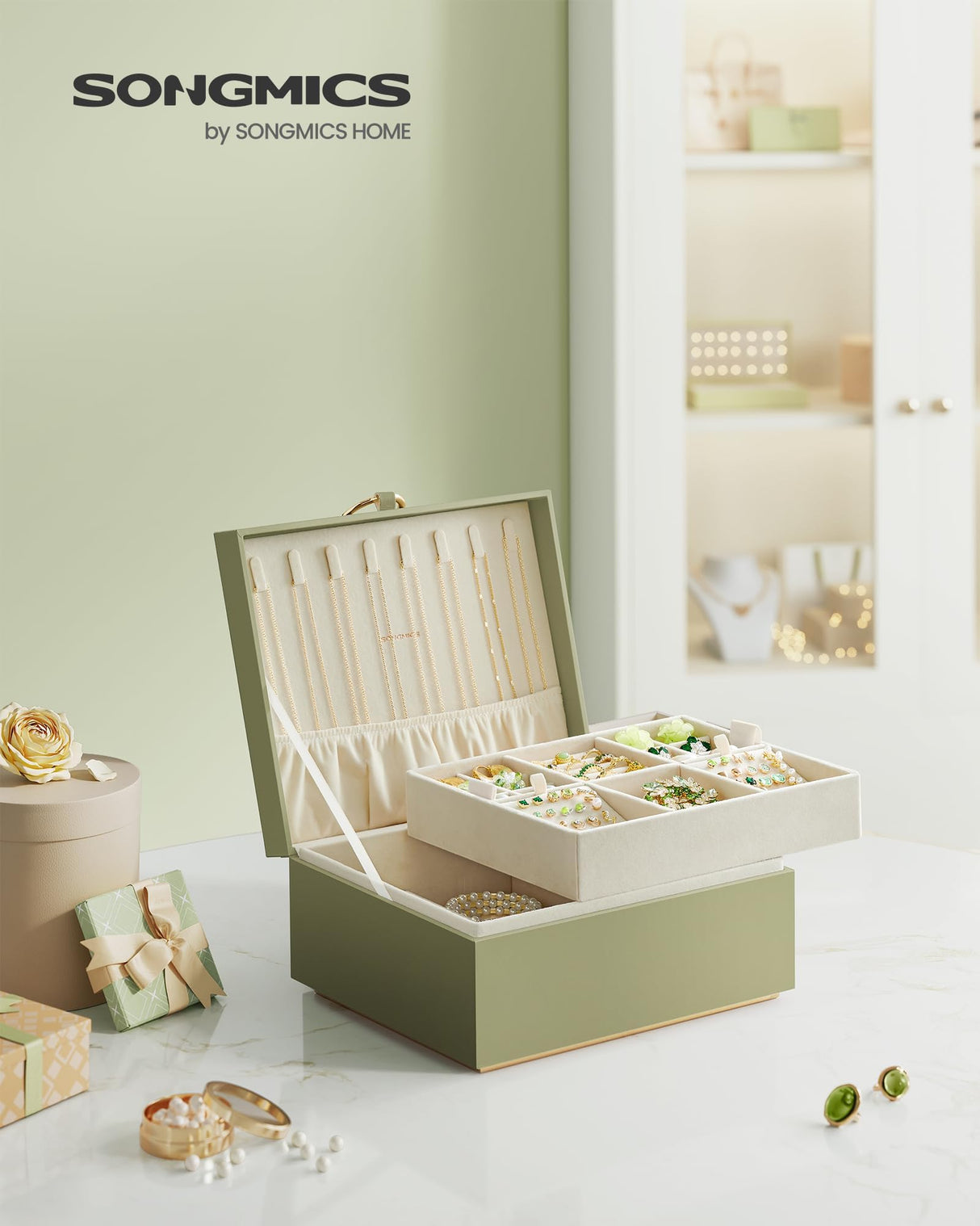 SONGMICS 2-Layer Jewelry Box, Jewelry Organizer with Handle, Removable Jewelry Tray, Jewelry Storage, Floating Effect, 8.1 x 9.4 x 4.3 Inches, Gift Idea, Laurel Green UJBC165C02 SONGMICS