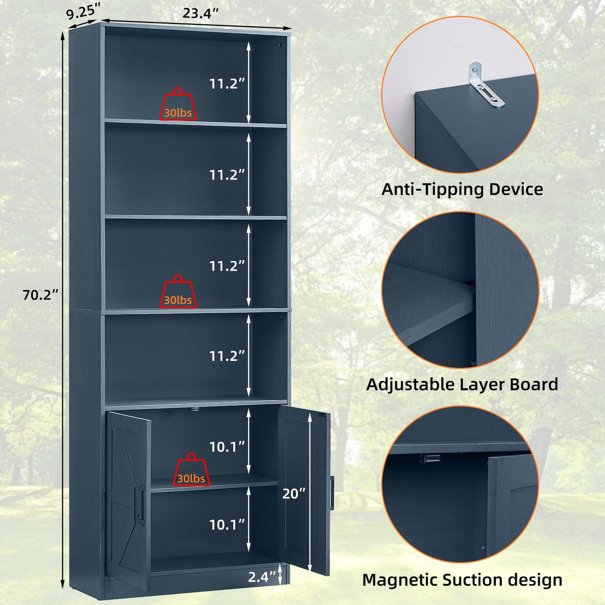 RWYHG 70in Tall Bookshelf 6 Tier Bookcase with Barn Doors and Adjustable Shelf, Blue Farmhouse Book Shelves with Storage Cabinet, Wood Floor Standing Display Bookshelve for Bedroom,Living Room,Kitchen RWYHG