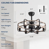 NOXARTE Cage Ceiling Fan with Light, Vintage Fandelier Remote Control, Bladess Industrial Chandelier Ceiling Fan Reverse Motor for Living Dining Room Bedroom Dia 25 Inch NOXARTE