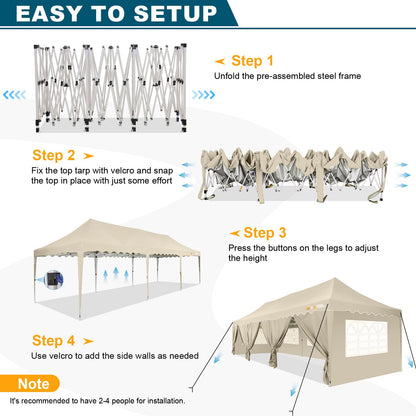 HOTEEL Party Tent 10x30 Pop Up Canopy Tent with 8 Sidewalls, Wheeled Bag, 4 Weight Bags, Easy Setup Outdoor Tent for Backyard Party with Extra Height, Waterproof UPF50+ Event Tent for Patio, Khaki