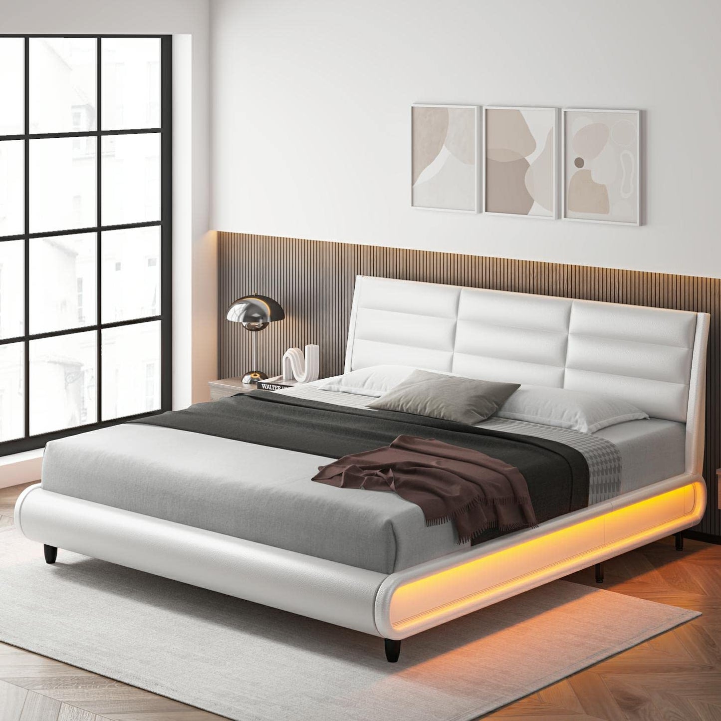 HOSTACK Queen Size Upholstered Bed Frame with Smart LED Lighting and Adjustable Headboard, Modern Low Profile Sleigh Design - WoodArtSupply