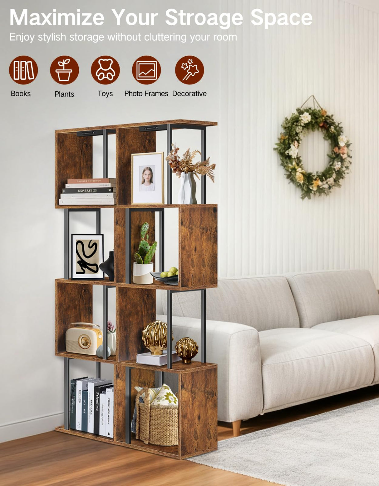 OUTONLIFE 5 Tier S-Shaped Geometric Bookshelf with LED Light, 3 Color Temperatures, Touch & Remote Control, Dimmable Standing Bookcase, Small Display Shelf for Living Room, Bedroom, Office OUTONLIFE