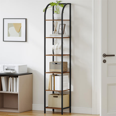 Hzuaneri Bookshelf Narrow Bookcase, Tall Storage Rack with Steel Frame, Display Standing Shelf Unit, Skinny Book Shelf for Study Living Room Home Office, Industrial Style, 6-Tier Rustic Brown BC56001B Hzuaneri