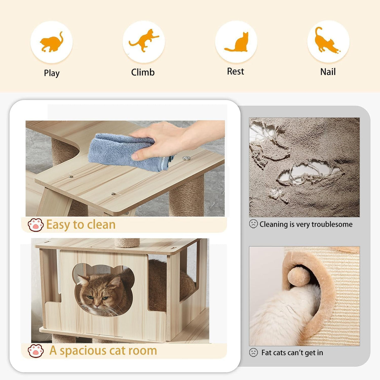 Mekidulu 65-Inch Multi-Pure Wood-Level Cat Tree Tower with Condo, 13 Scratching Posts, with Padded Platform Bed, Toy Balls, and Sisal Scratching,Cat Tree for Indoor Cats Large Adult，Wood cat tree. Mekidulu