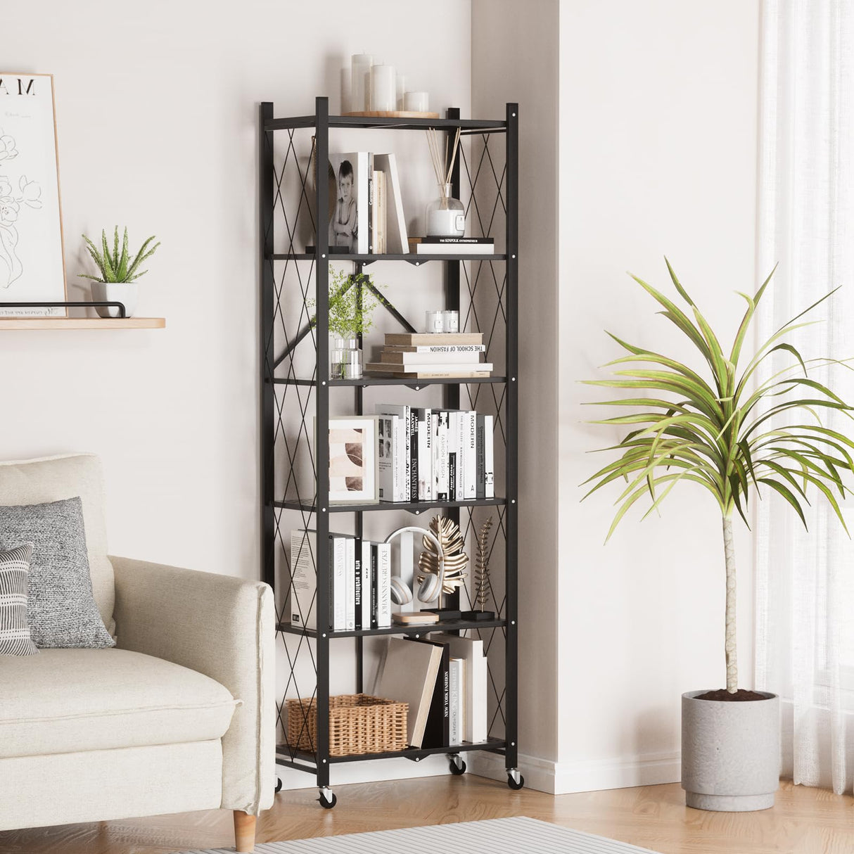 ALANNG 73.6 Inch Folding Bookshelf, 6 Tier Metal Bookcase and Bookshelves, Tall Shelves for Living Room Office Bedroom, Heavy Duty Book Shelve Free Standing Open (Black, 2PACK) ALANNG