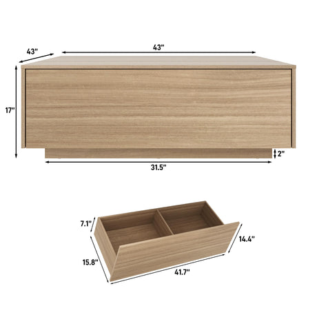 chartustriable 43” Square Coffee Table with Storage, 43" D x 43" W x 17" H Modern Large Square Center Table with 2 Drawers, Wood Coffee Table for Living Room, Light Brown,Bedroom,Light Brown chartustriable