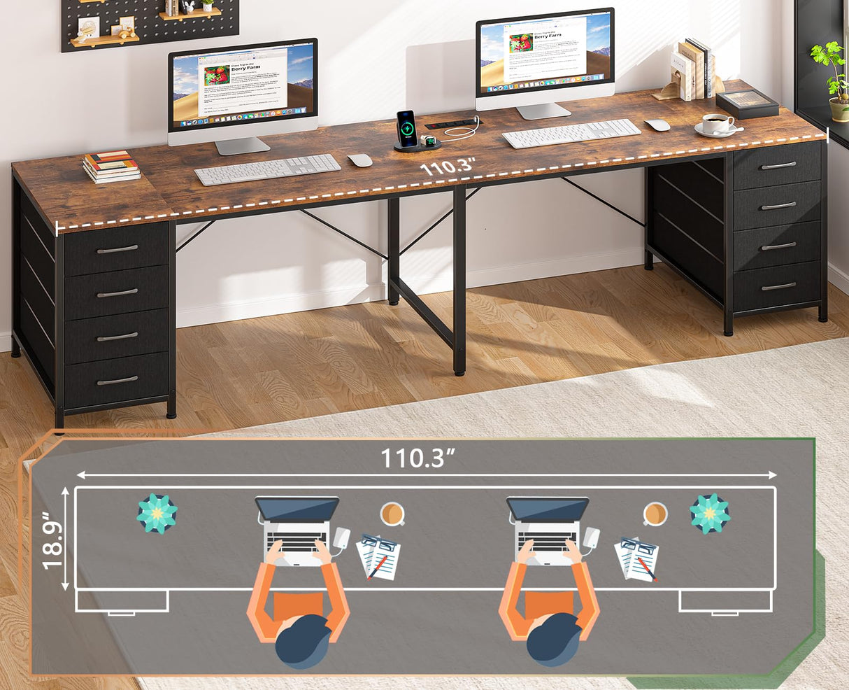 TVU 110" 2 Person Desk with 8 Drawers, Large Writing Home Office Desks with Outlets, I Shaped Workstation Double Desk Drawer Organizers (Rustic) TVU