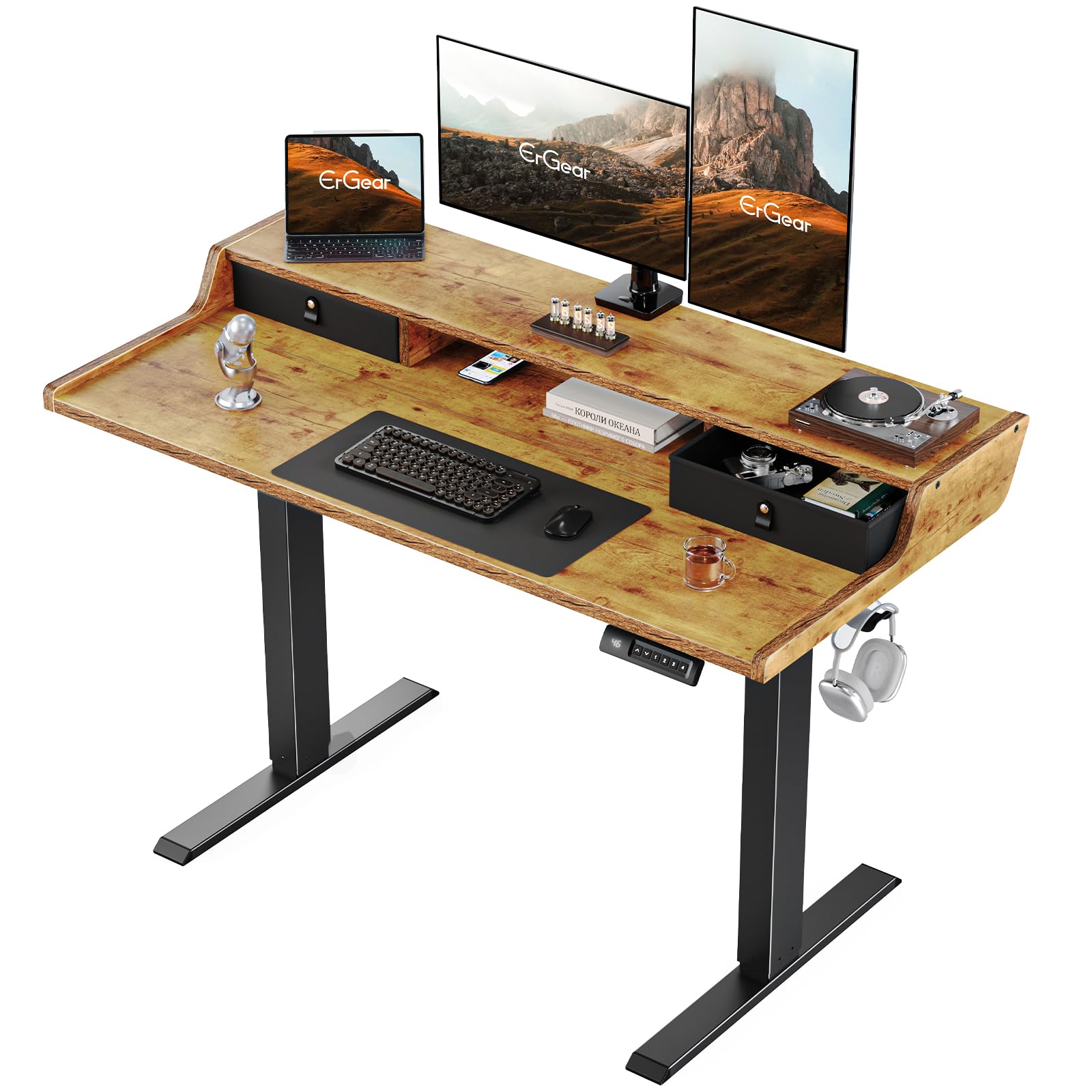 ErGear Electric Standing Desk with Drawers, 48″ x 24″ Gaming Desk with Monitor Stand, C-Clamp Mount Compatible, Home Office Height-Adjustable Desk with Storage Shelf, 4 Preset Heights, Vintag - WoodArtSupply