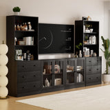 TUSY 4-Piece Large TV Stand with Bookshelves for TVs up to 75", TV Entertainment Center Media Center with Tempered Glass Doors and Shelves, TV Hutch for Living Room (Black) TUSY