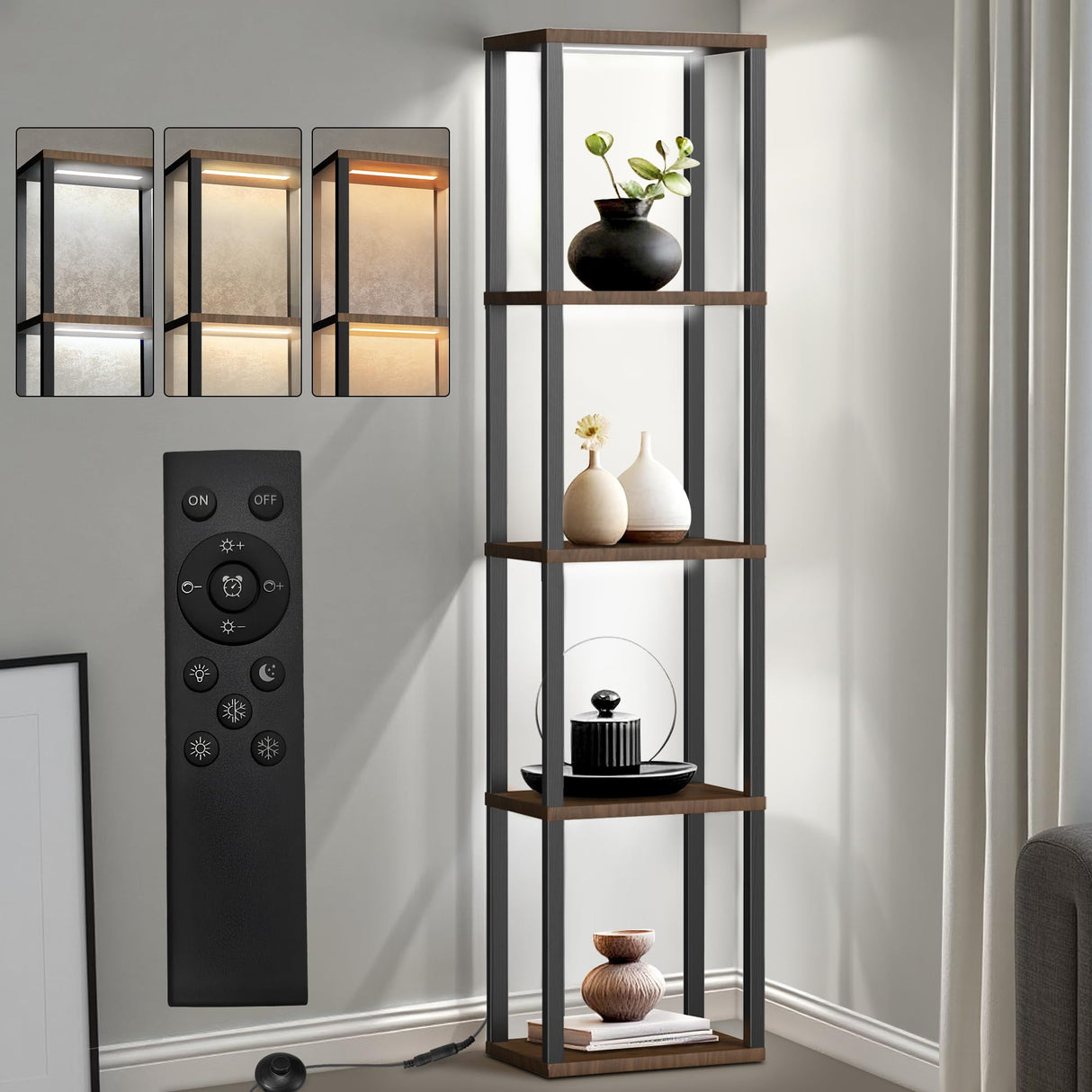 5-Tier Display Shelf with Dimmable Lights, LED Bookshelf for Bedroom, 3 Color Temperature and Brightness Adjustable, 65'' Curio Cabinet Shelf Display Bookcase Floor Lamp with Shelves for Living Room XIIW