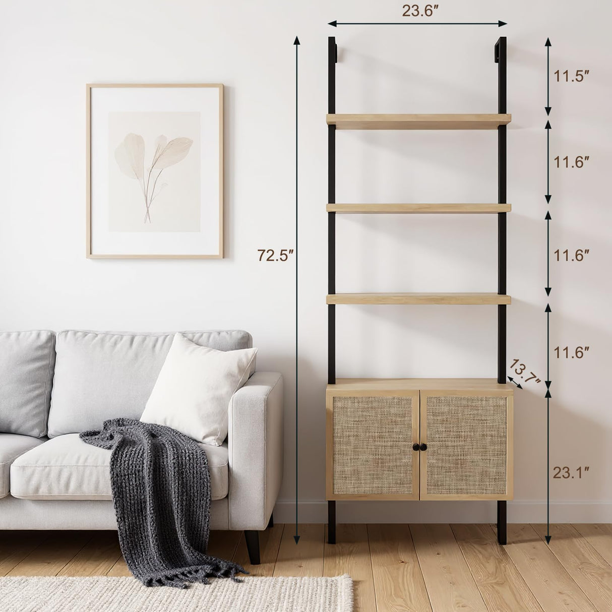 SOLACE FURNITURE Rattan Bookcase, 6 Tier Ladder Bookshelf with Rattan Cabinet, Wall Mount Tall Bookshelves and Bookcases with Metal Storage Shelves Display for Living Room Bedroom Home Office, Oak SOLACE FURNITURE