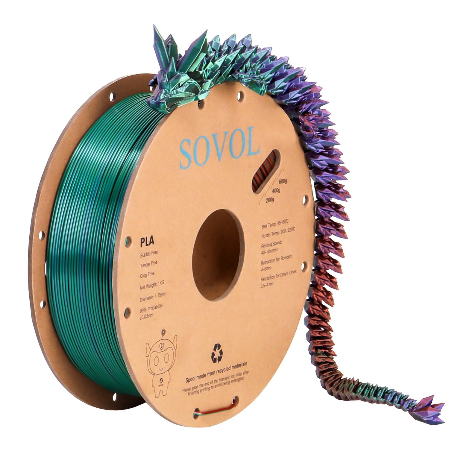 Sovol Silk PLA Filament Tri Color Co-Extrusion 1.75mm, 3D Printer Filament 1kg/ 2.2lbs, Shiny Silk Copper Purple Green 3 in 1 Coextrusion PLA Material +/-0.03mm - WoodArtSupply