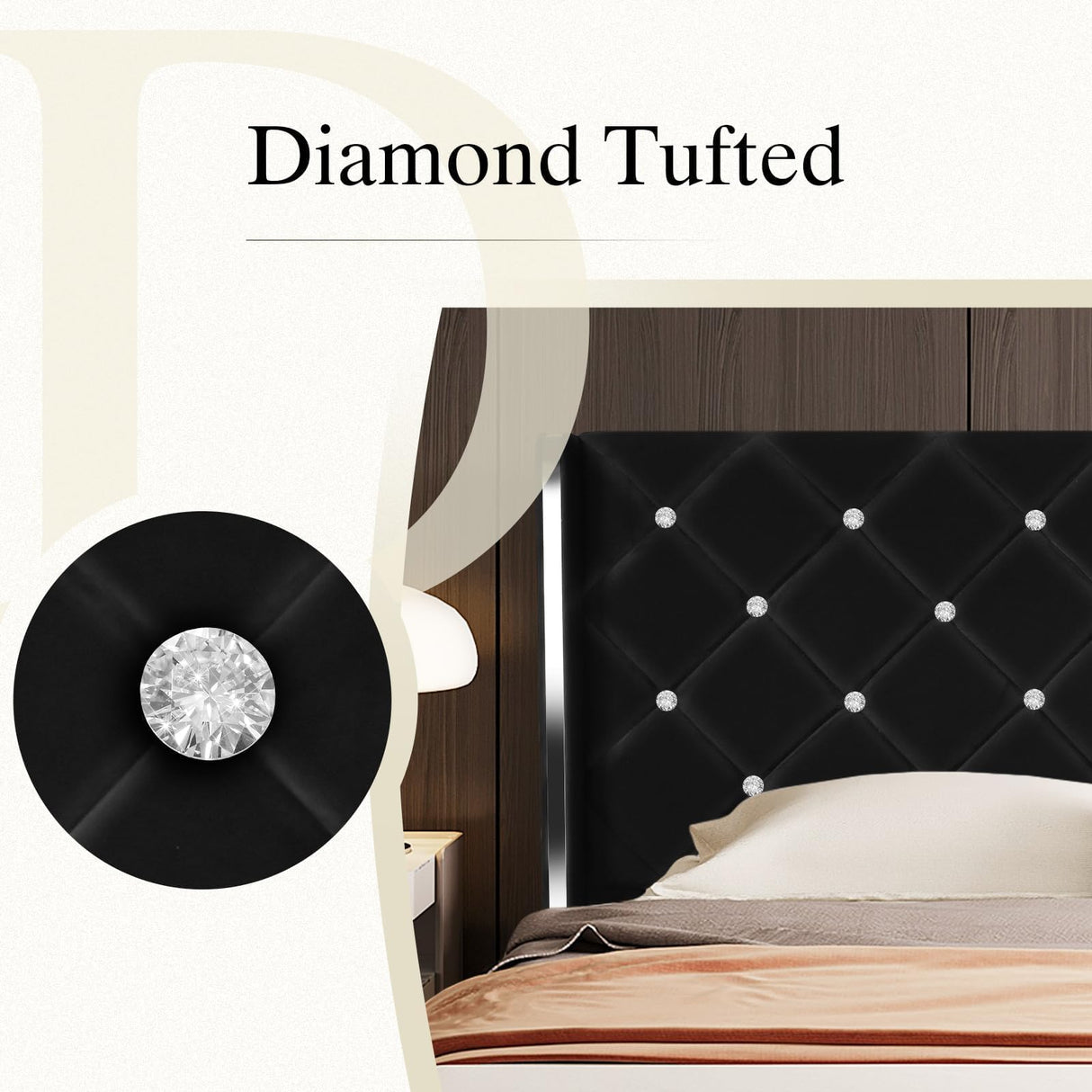 HOMBCK Queen Size Bed Frames with Headboard, Black Velvet Queen Bed Frame with Wingback, Upholstered Bed Frame with Diamond Headboard, Wood Slat Support, No Box Spring Needed, Easy Assembly HOMBCK