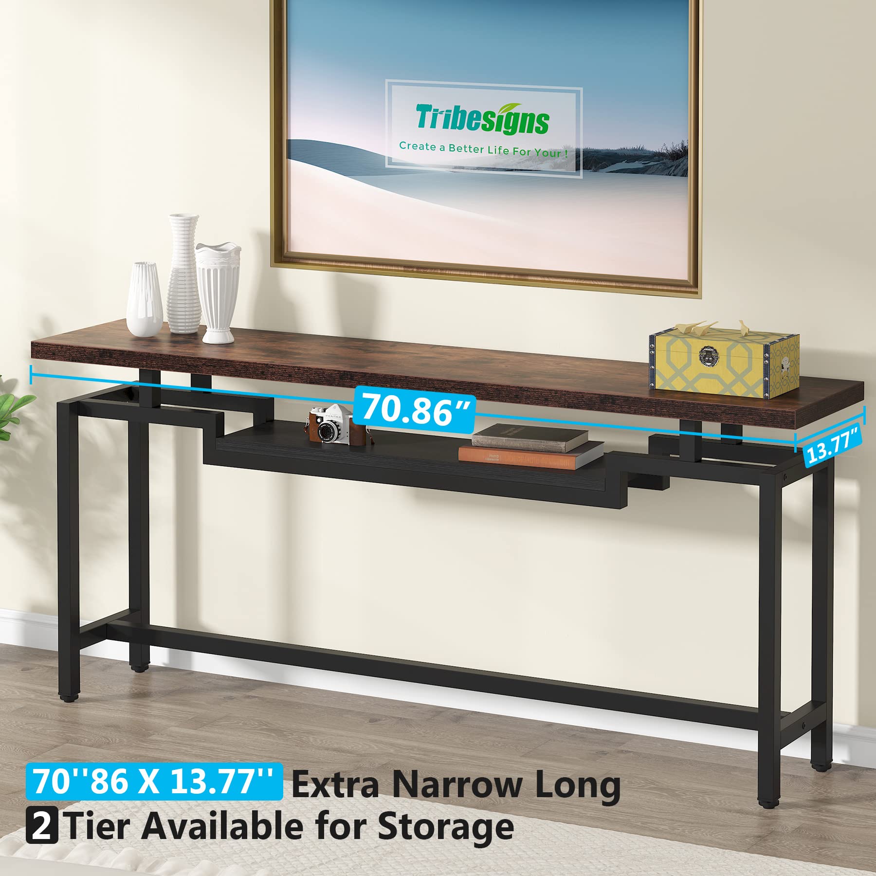 Tribesigns 70 inch Sofa Table, Narrow Long Console Table with 2 Tiers, Industiral TV Console Behind Couch Table with Storage for Entryway, Living Room, Brown & Black - WoodArtSupply