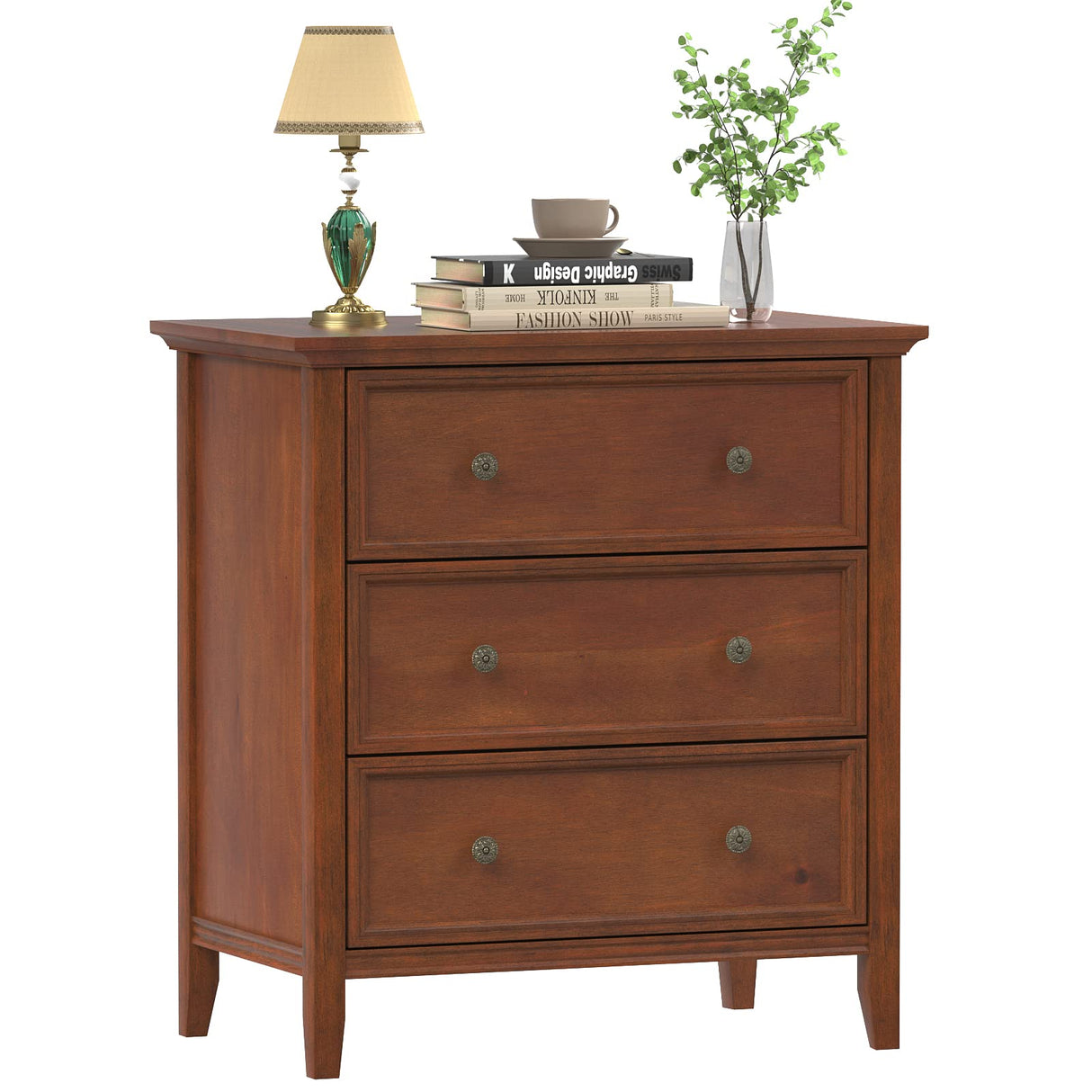 IKENO Nightstand with 3 Drawers and Charging Station, Solid Wood Nightstand Organizer for Bedroom IKENO