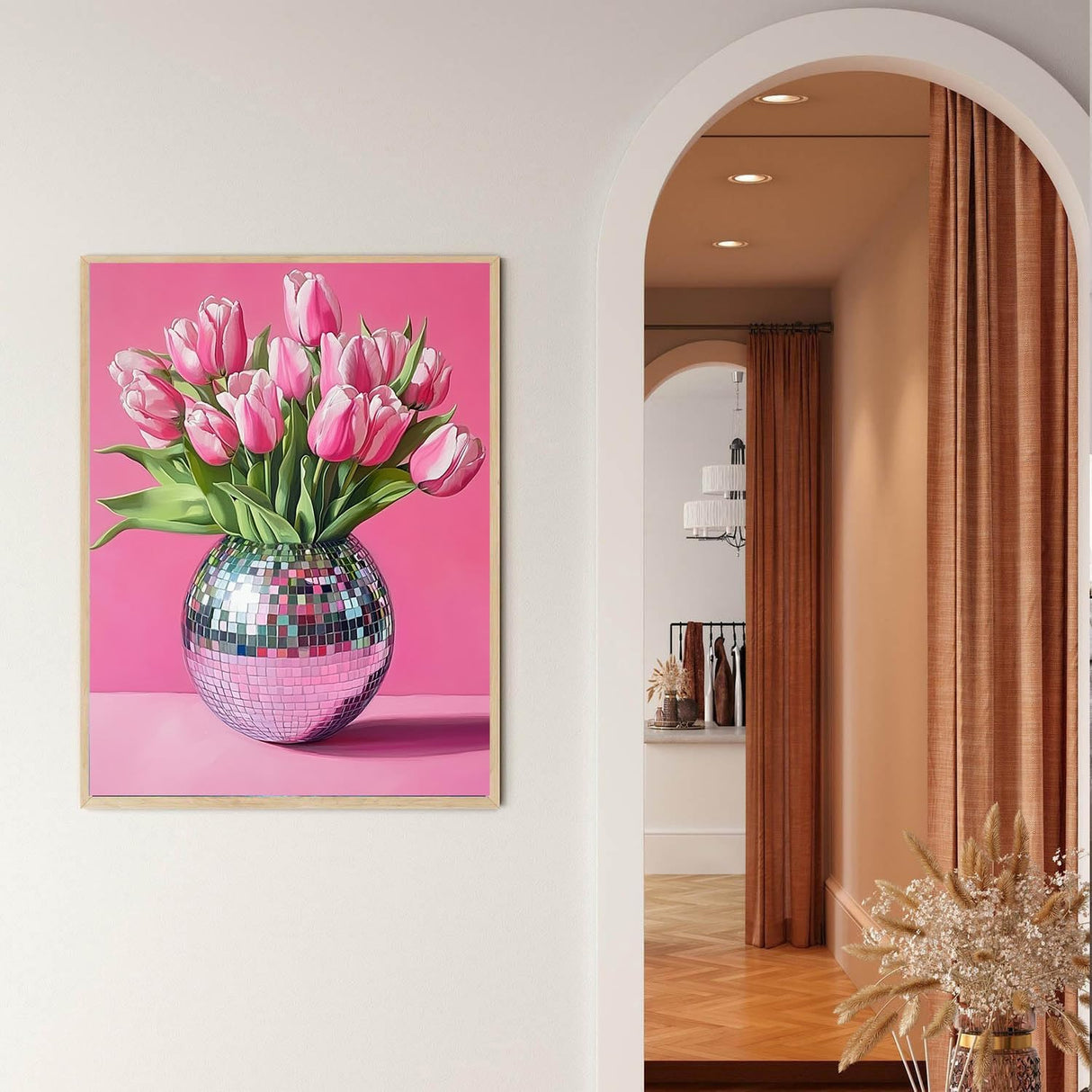 Pink Tulips Painting by Numbers Kits 16x20 inch Canvas Disco Ball Vase Pattern DIY Oil Painting for Kids, Adults Beginners with Brushes Acrylic Pigment Flowers Drawings Gift (without Frame) MSTINGSHUN