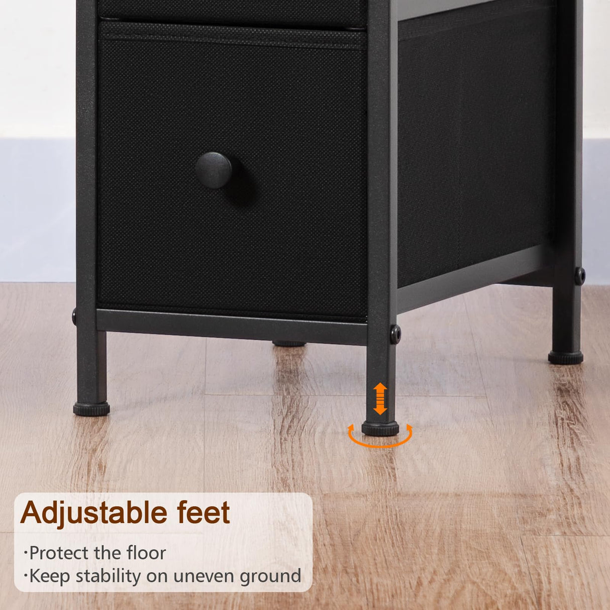 LOAKEKEL Narrow End Tables Living Room Set of 2 with Charging Station, Skinny Side Table with Fabric Drawers, Slim LED Nightstand for Bedroom, Small Spaces, Couch, Black, HETNDP03LBK LOAKEKEL