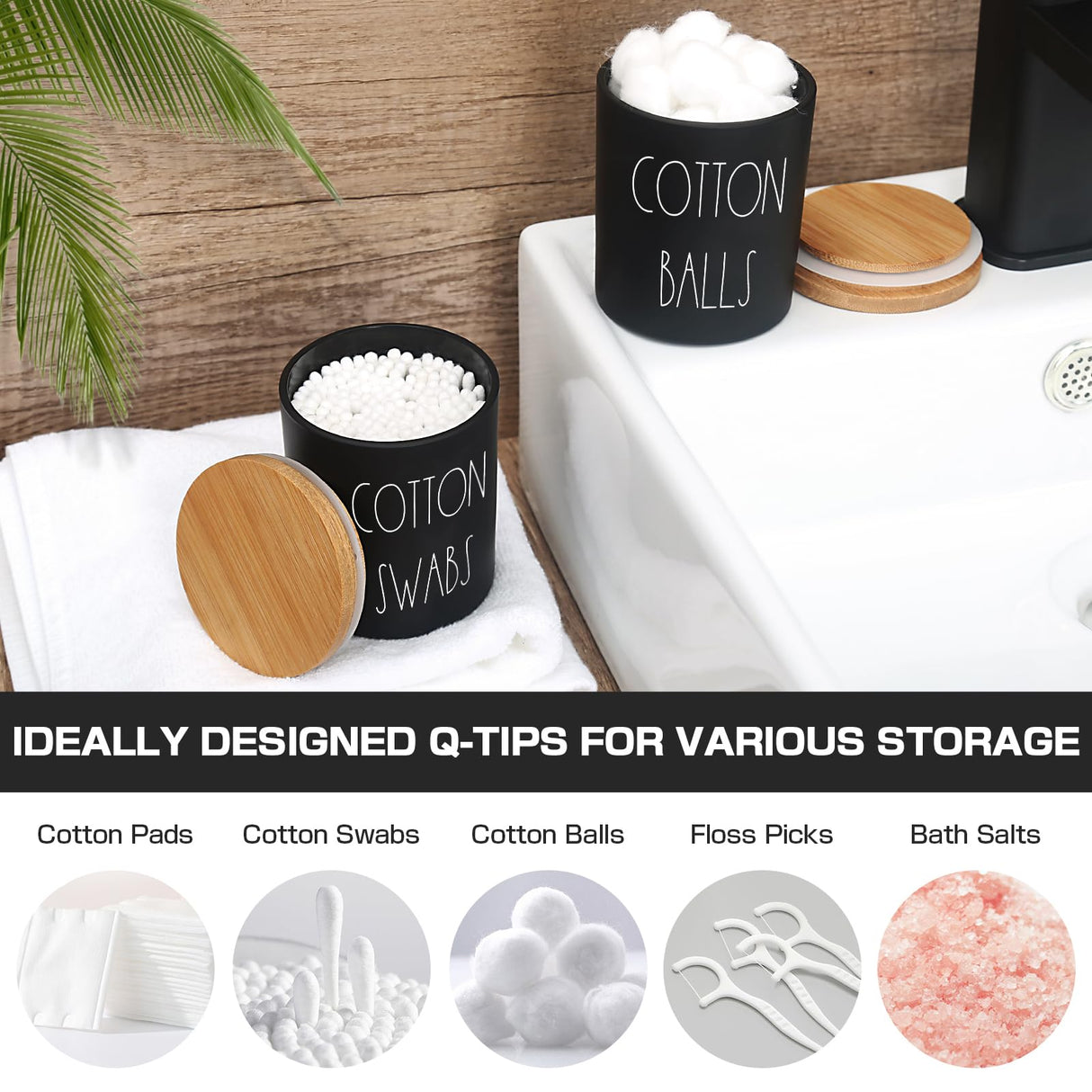 ALPIRIRAL Matte Black Bathroom Accessories Set, 5 Pcs Glass Bathroom Accessory Set with Bamboo Tray, Soap Dispenser and Toothbrush Holder Set, Qtip Holder Set, Farmhouse Boho Bathroom Set Complete ALPIRIRAL