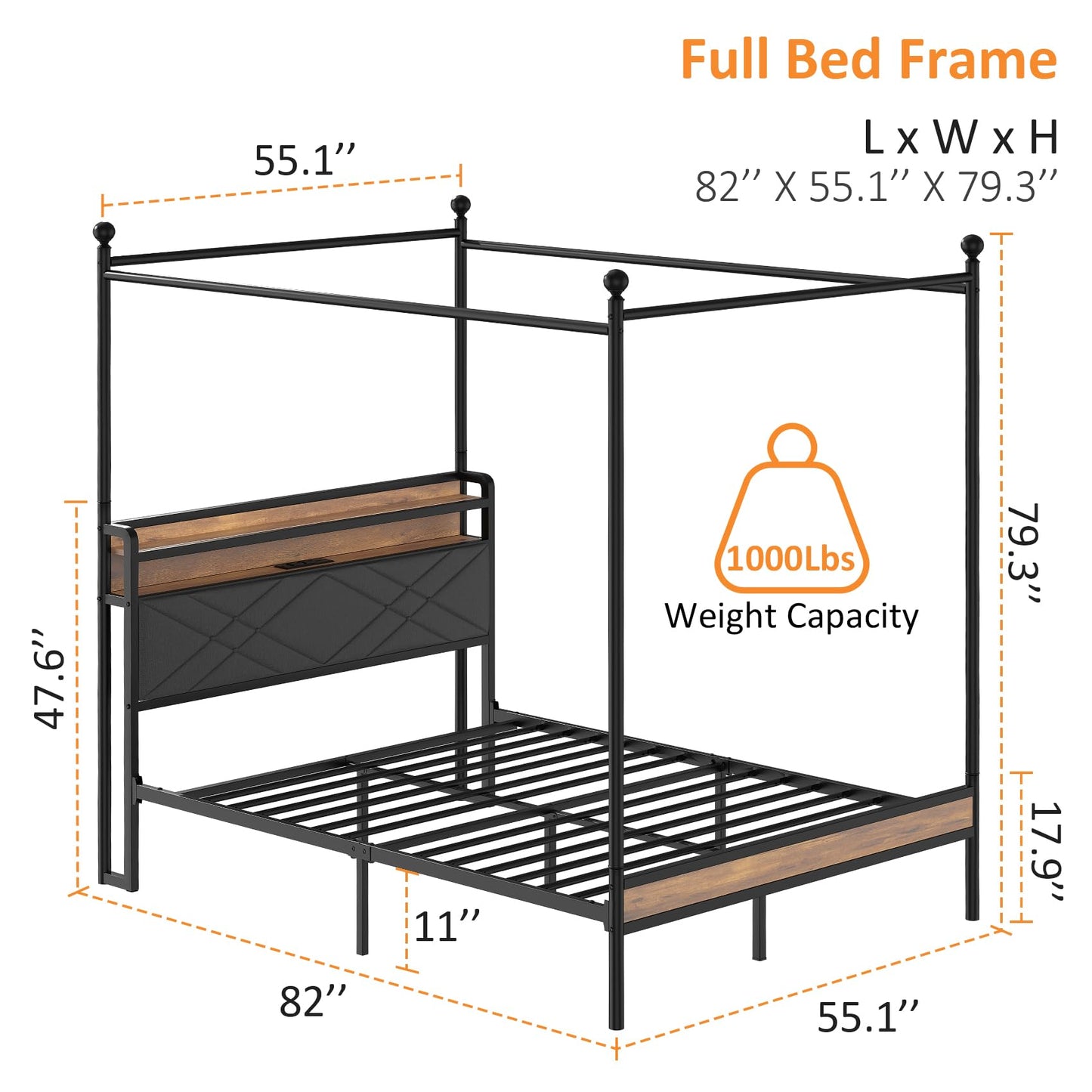 Winkalon Metal Canopy Bed Frame, Full Size Bed Frame with 4 Removable Sturdy Posts Hanging Curtains, Iron Bed Platform with Charging Station LGB Light, No Box Spring Needed Strong Slat Support