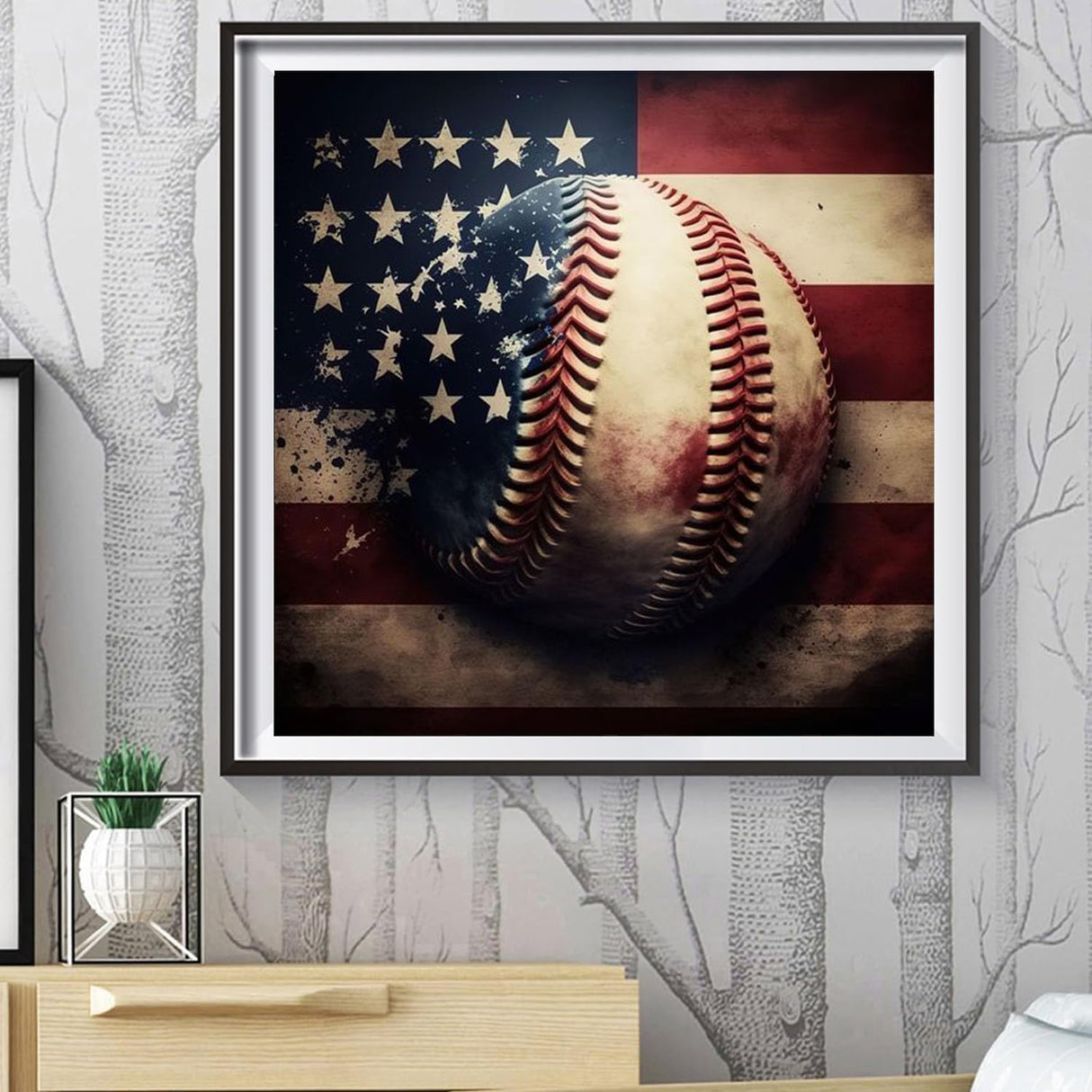 5D DIY Diamond Art Painting American Flag Baseball 16x16 inches for Adults, Full Round Drill Rhinestone Embroidery for Wall Decoration Generic