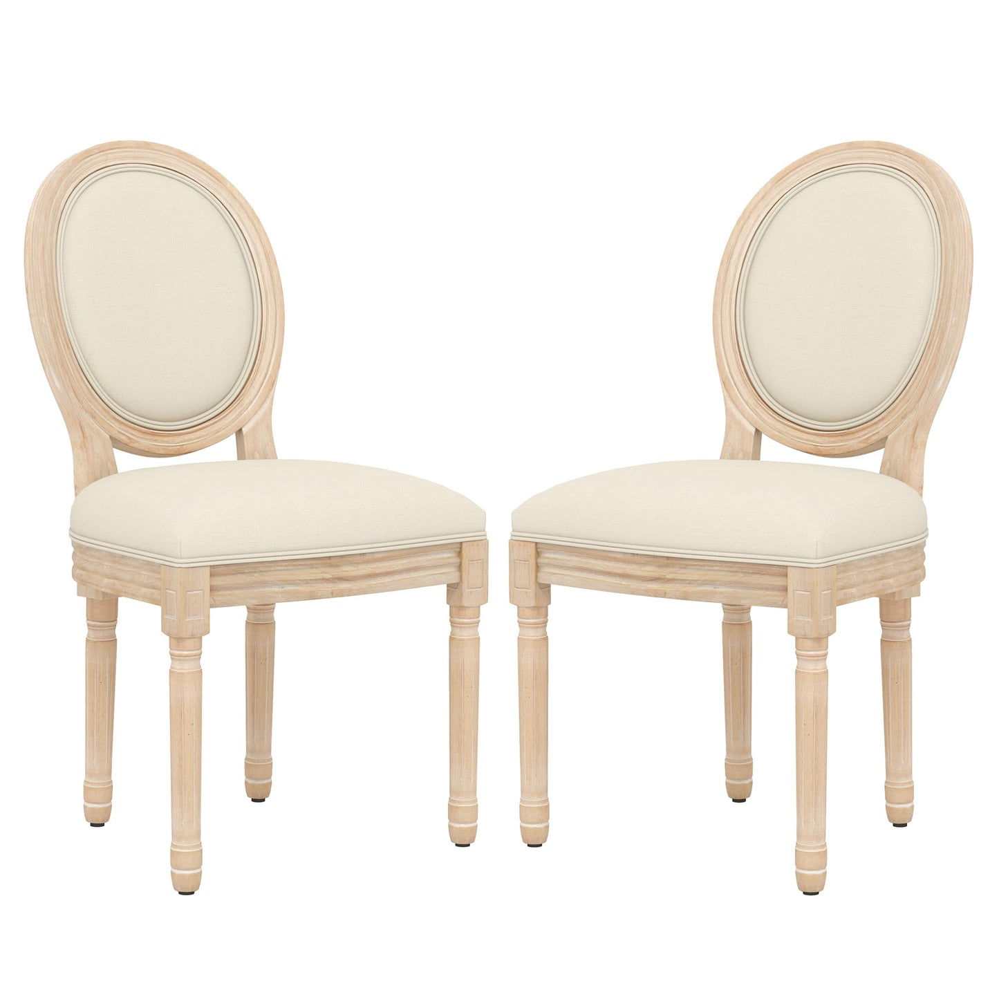 KCC French Dining Chairs Set of 2, Upholstered Vintage Farmhouse Chair with Round Backrest, Mid Century Fabric Chairs with Solid Rubberwood Legs for Dining Room Kitchen Restaurant, Beige - WoodArtSupply