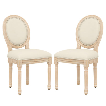 KCC French Dining Chairs Set of 2, Upholstered Vintage Farmhouse Chair with Round Backrest, Mid Century Fabric Chairs with Solid Rubberwood Legs for Dining Room Kitchen Restaurant, Beige - WoodArtSupply