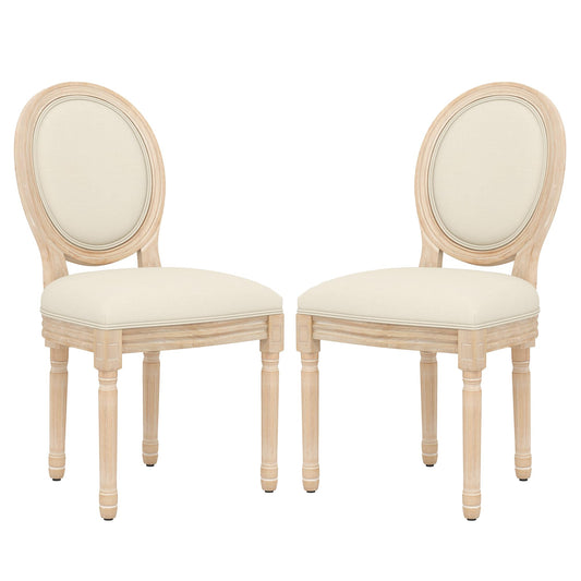 KCC French Dining Chairs Set of 2, Upholstered Vintage Farmhouse Chair with Round Backrest, Mid Century Fabric Chairs with Solid Rubberwood Legs for Dining Room Kitchen Restaurant, Beige - WoodArtSupply