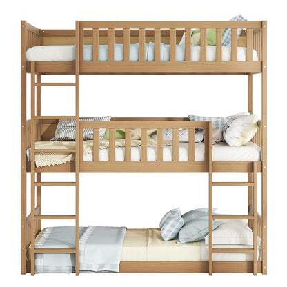 VilroCaz Modern Triple Bunk Bed, Rubber Wood Detachable Triple Twin Bunk Bed Frame, 3-in-1 Bunk Beds with Ladder and Guardrails for Kids Teens, Maximize Space (Oak-ON)