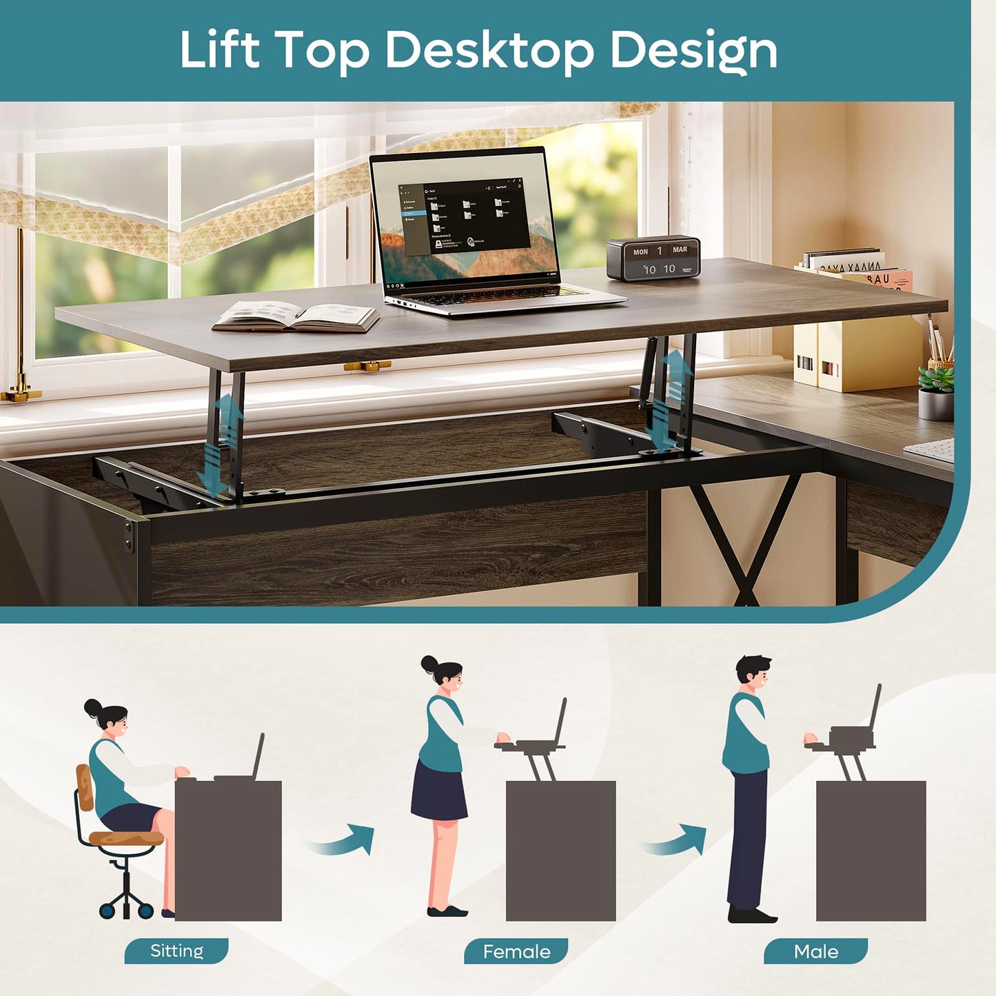 Bestier Lift Top L Shaped Desk with File Drawer, 55'' x 55'' Office Desk with Reversible Storage Drawers, L Shaped Standing Desk with Computer Monitor Stand (Retro Grey Oak Dark, 55'' x 55'')