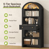 STHYTON 70.3" Tall Arched Bookshelf, 6-Tier Book Shelf with LED Lights, Farmhouse Arched Bookcase with Open Shelves and Drawer, Freestanding Display Rack, for Living Room, Study, Home Office, Black STHYTON