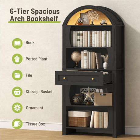 STHYTON 70.3" Tall Arched Bookshelf, 6-Tier Book Shelf with LED Lights, Farmhouse Arched Bookcase with Open Shelves and Drawer, Freestanding Display Rack, for Living Room, Study, Home Office, Black STHYTON