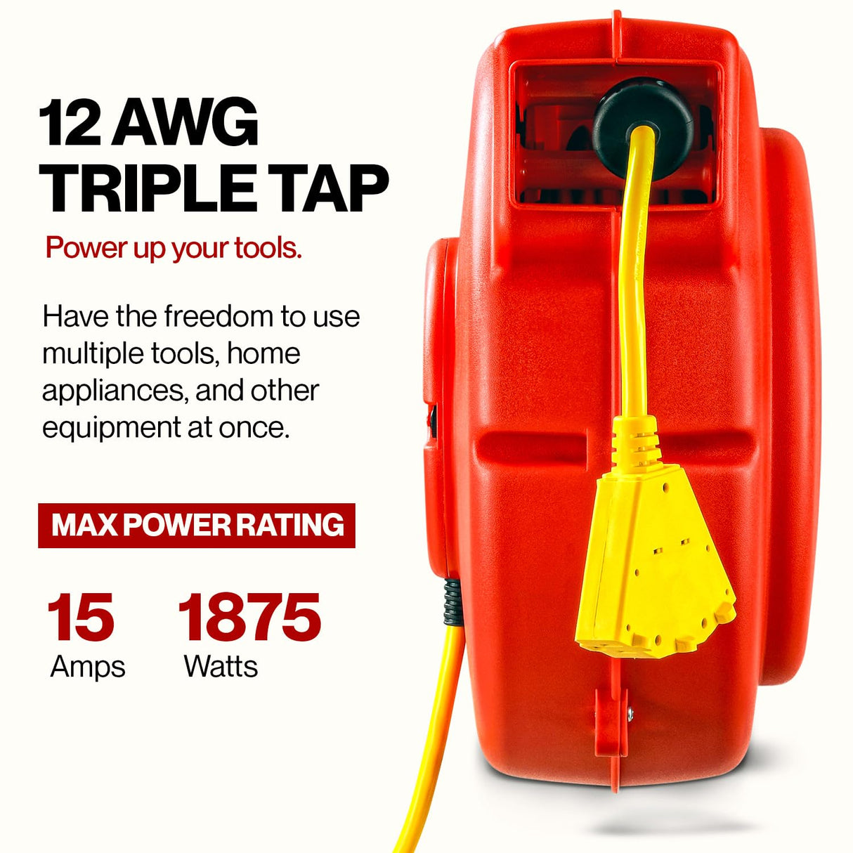 ReelWorks Extension Cord Reel Retractable 12AWG x 65' Foot 3C/SJT Heavy Duty Commercial Cable Triple Tap Connector Power 15A 125VAC 1875W ReelWorks