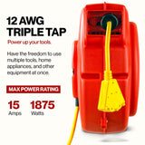 ReelWorks Extension Cord Reel Retractable 12AWG x 65' Foot 3C/SJT Heavy Duty Commercial Cable Triple Tap Connector Power 15A 125VAC 1875W ReelWorks