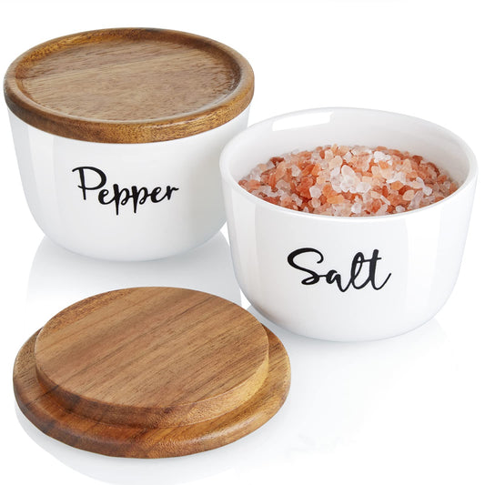 DAYYET Salt and Pepper Bowls, 10 oz Salt Cellar with Lid, Stacked Ceramic Salt Pepper Container with Acacia Wood Lid, Salt Box for Countertop, Modern Kitchen Decor, Set of 2, White - WoodArtSupply