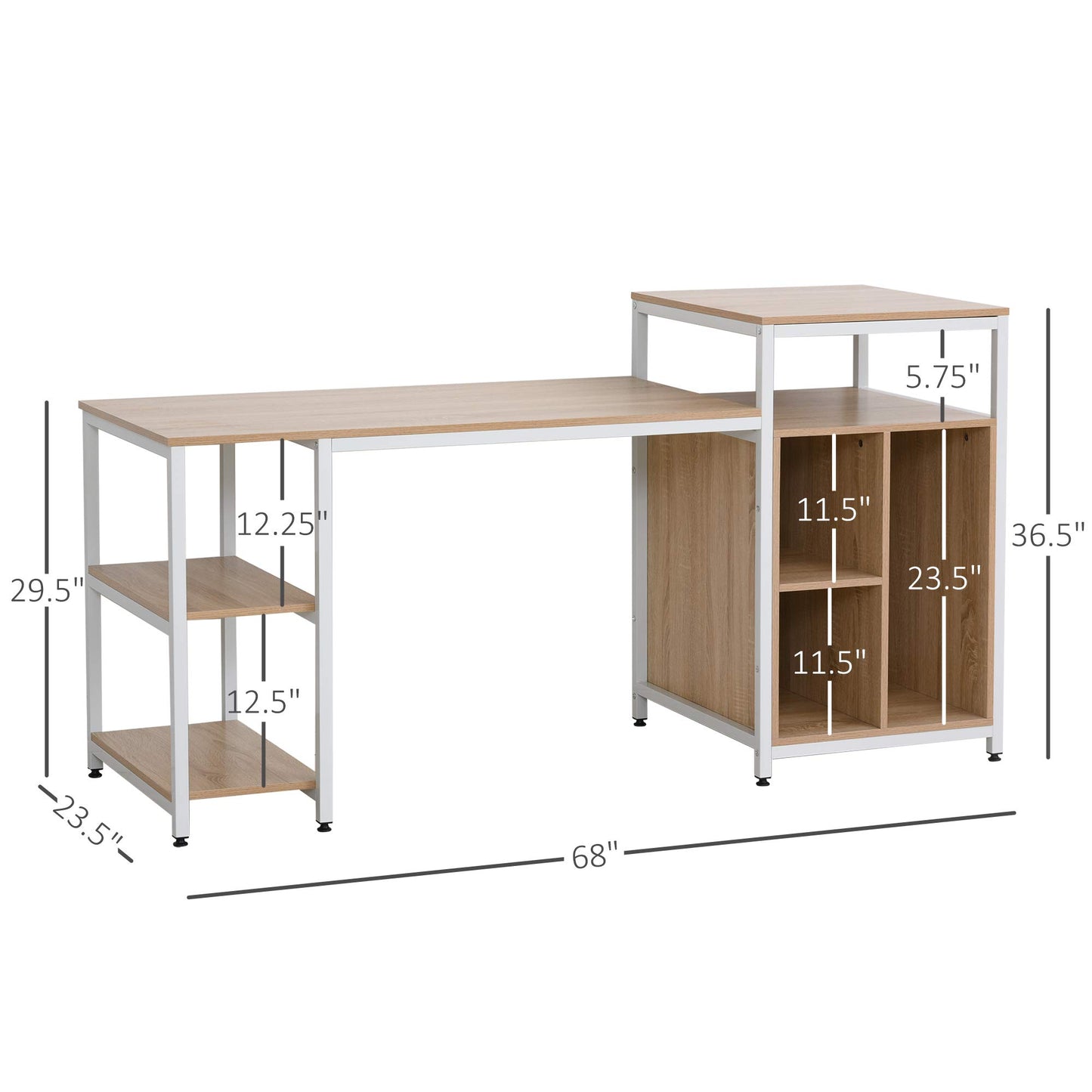 HOMCOM 68 Inch Modern Oak Wood Grain Office Desk with CPU Stand and Ample Storage Shelves - WoodArtSupply