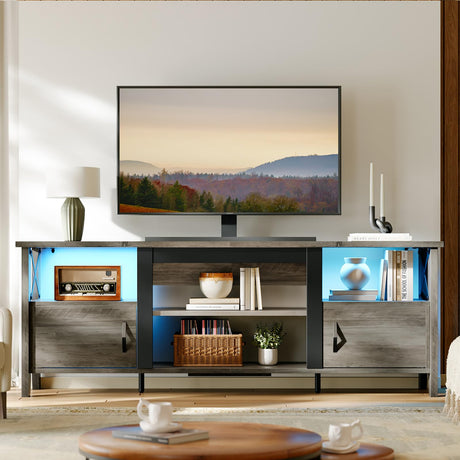 Bestier Farmhouse TV Stand for 70 inch TV, Gaming Entertainment Center with LED Lights, TV Console with 2 Storage Cabinets and Shelf for Living Room, 63'' Inch, Grey Wash Bestier