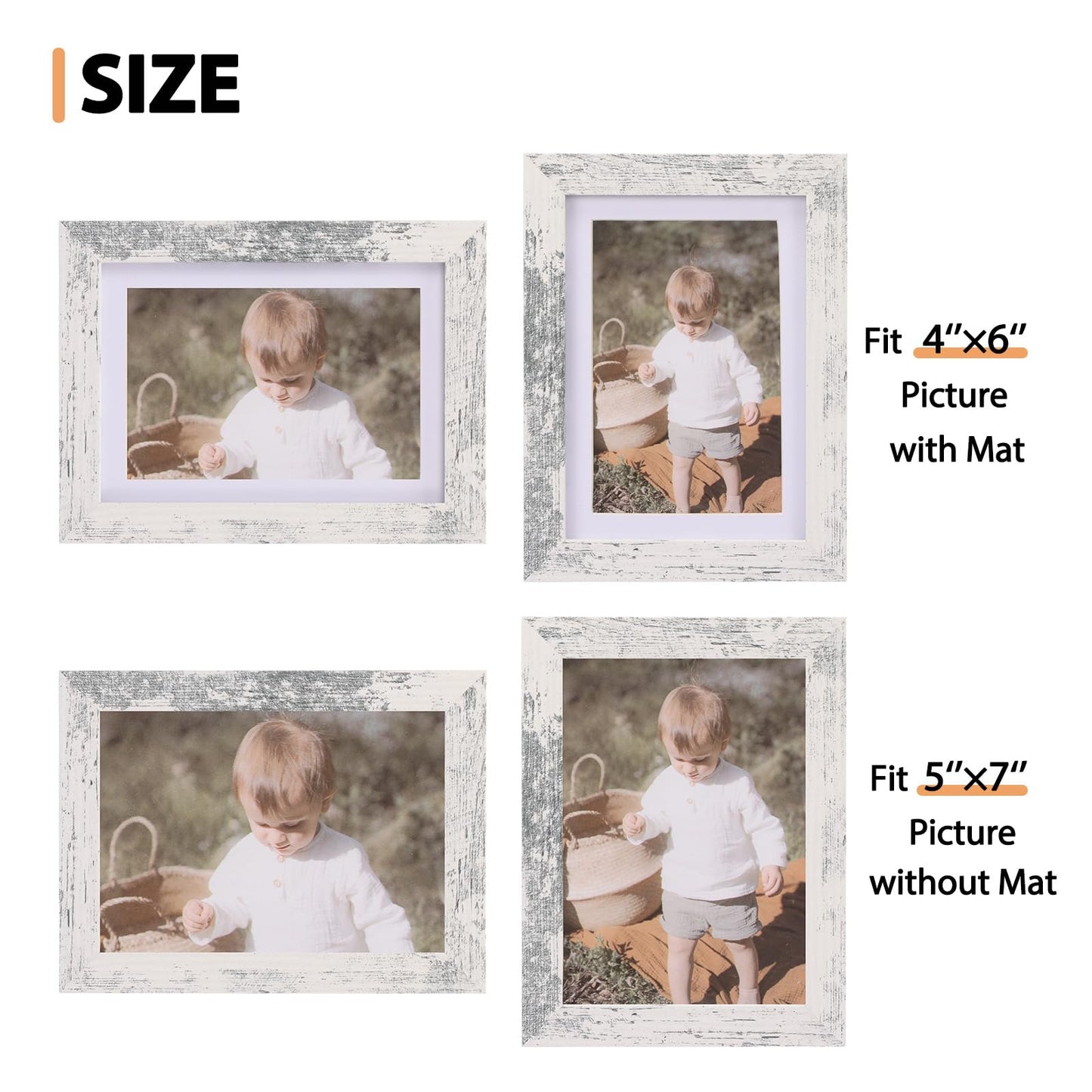 Fixwal 5x7 Picture Frames Set of 2, Distressed White MDF Photo Frames with Glass, Display Pictures 4x6 with Mat or 5x7 without Mat, Wood Grain Picture Frame for Wall Mounting or Tabletop Disp - WoodArtSupply